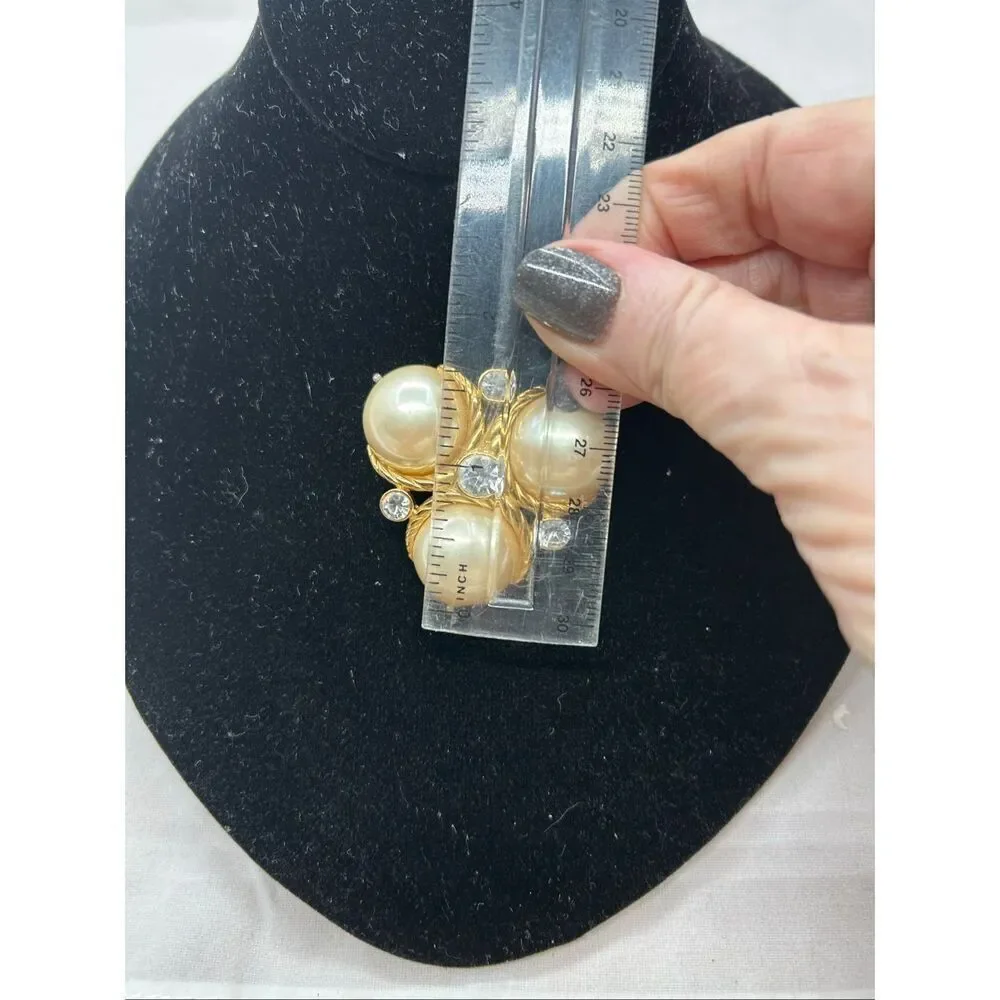 Vintage Trifari faux pearl rhinestone cluster brooch Mid-century gold-tone